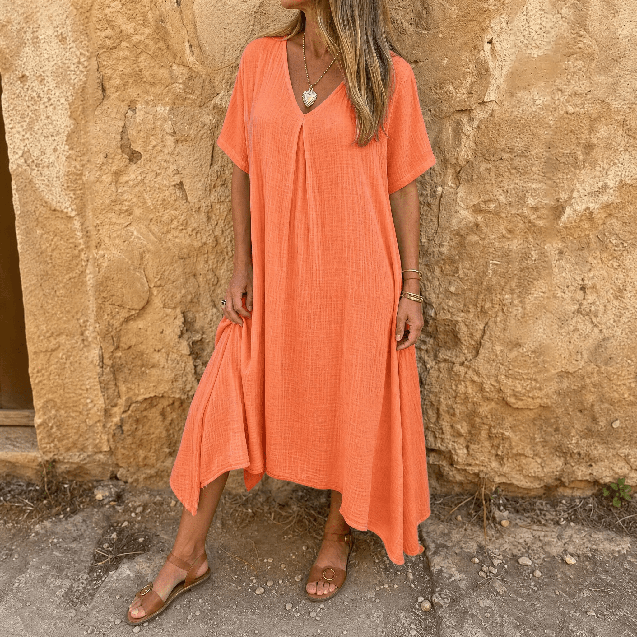 Linara – Women's Breezy Cotton Linen V-Neck Dress