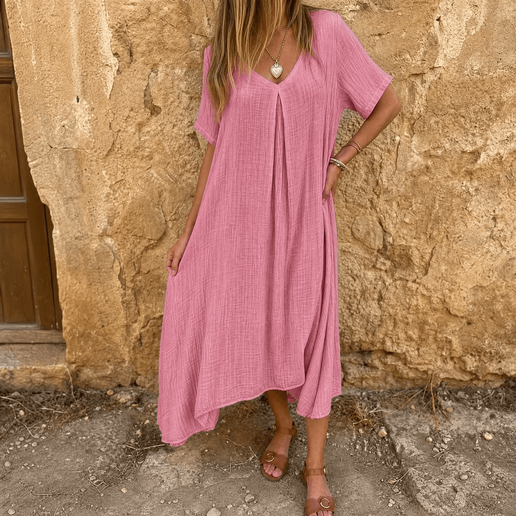 Linara – Women's Breezy Cotton Linen V-Neck Dress