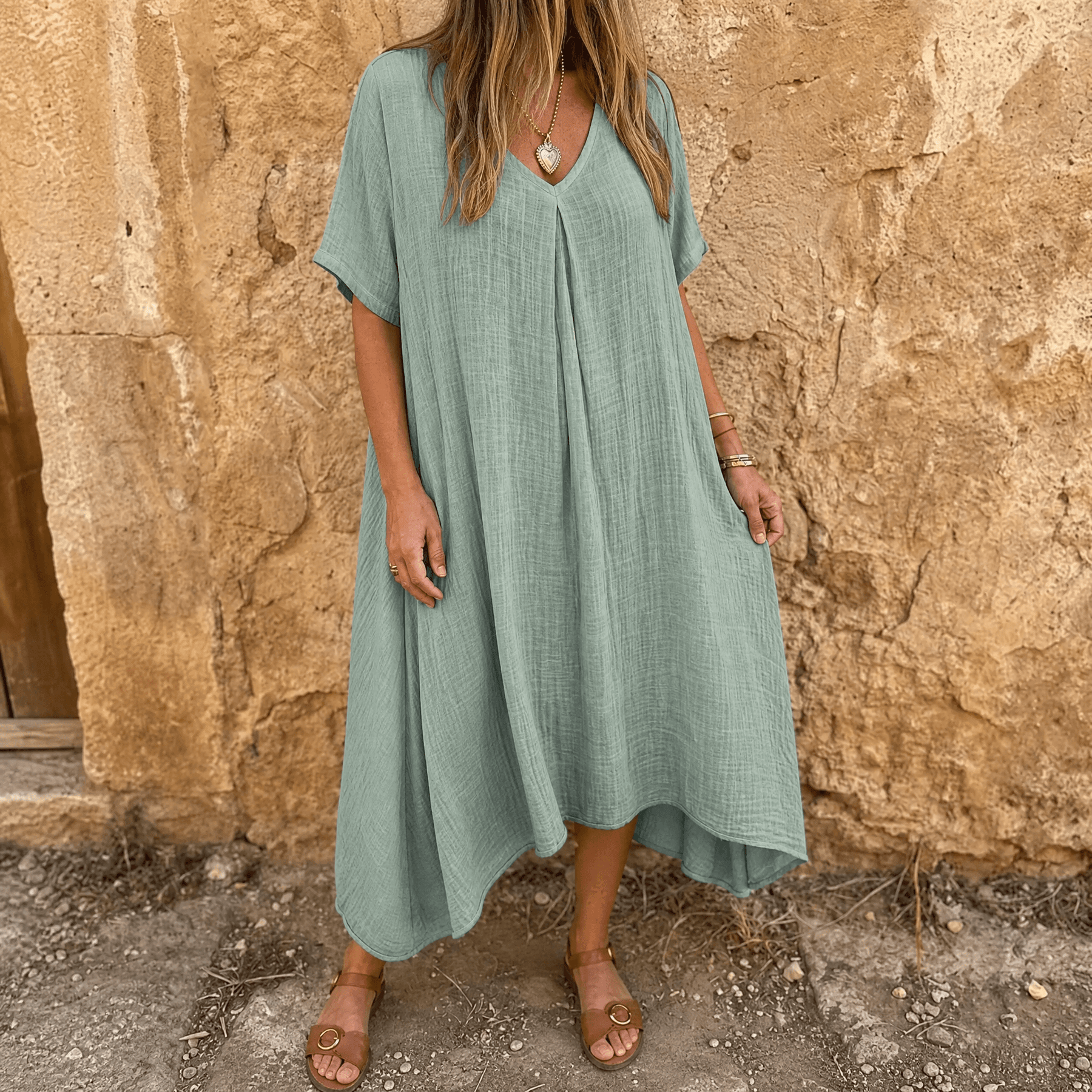 Linara – Women's Breezy Cotton Linen V-Neck Dress