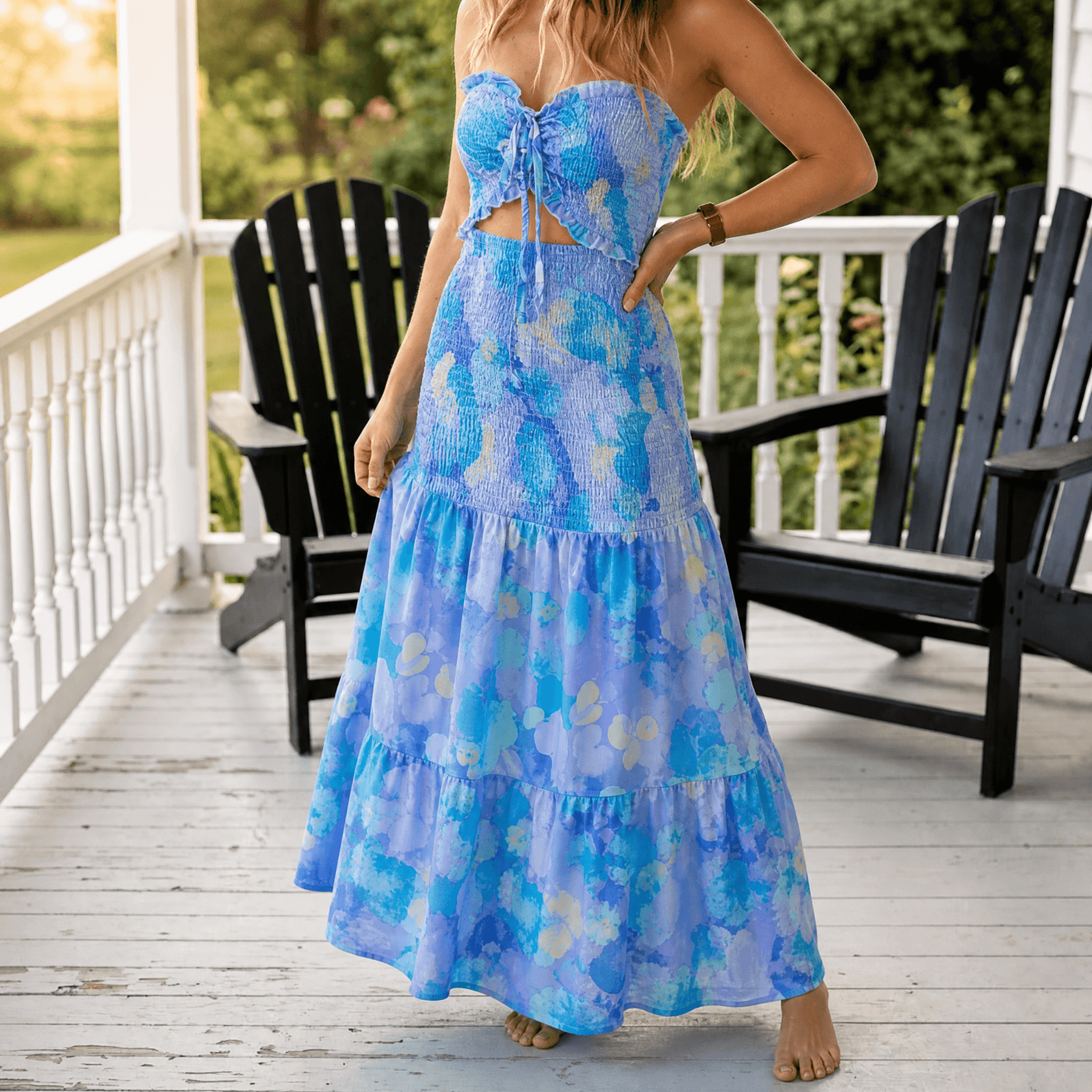 Liriosa – Women's Palm-Print Strapless Maxi Dress
