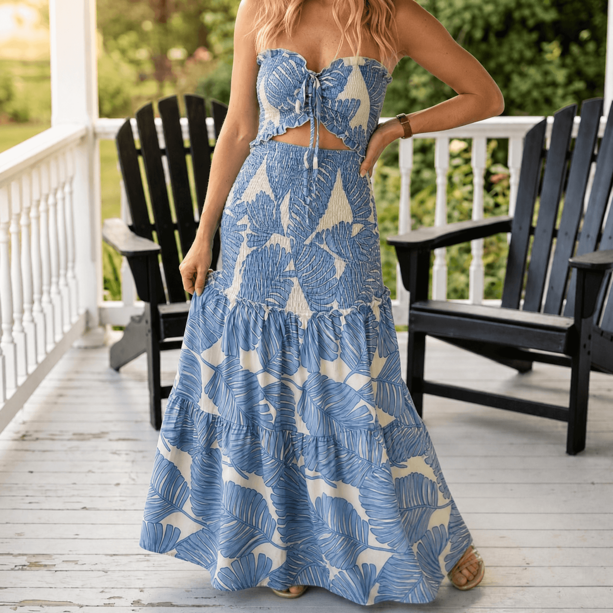 Liriosa – Women's Palm-Print Strapless Maxi Dress