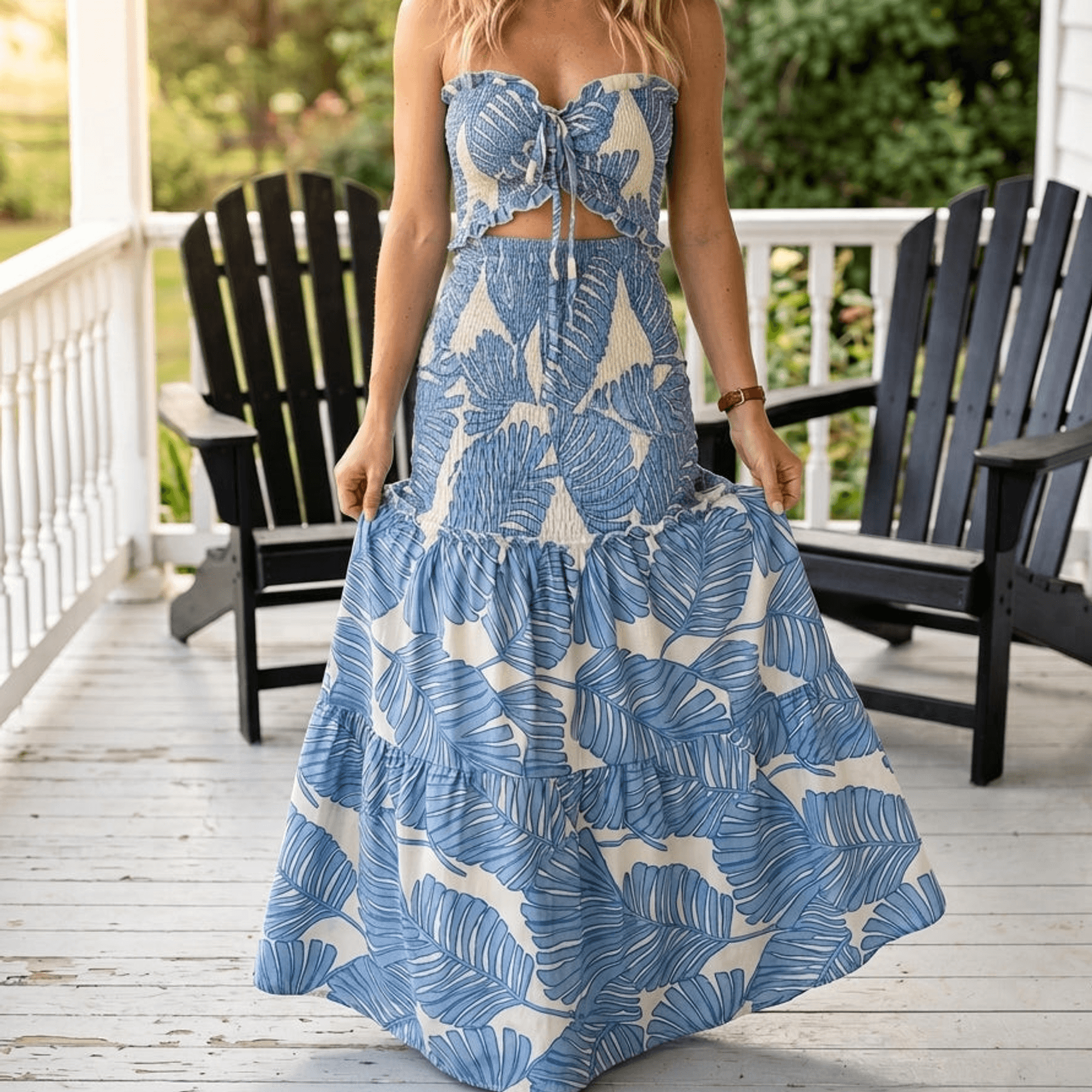 Liriosa – Women's Palm-Print Strapless Maxi Dress