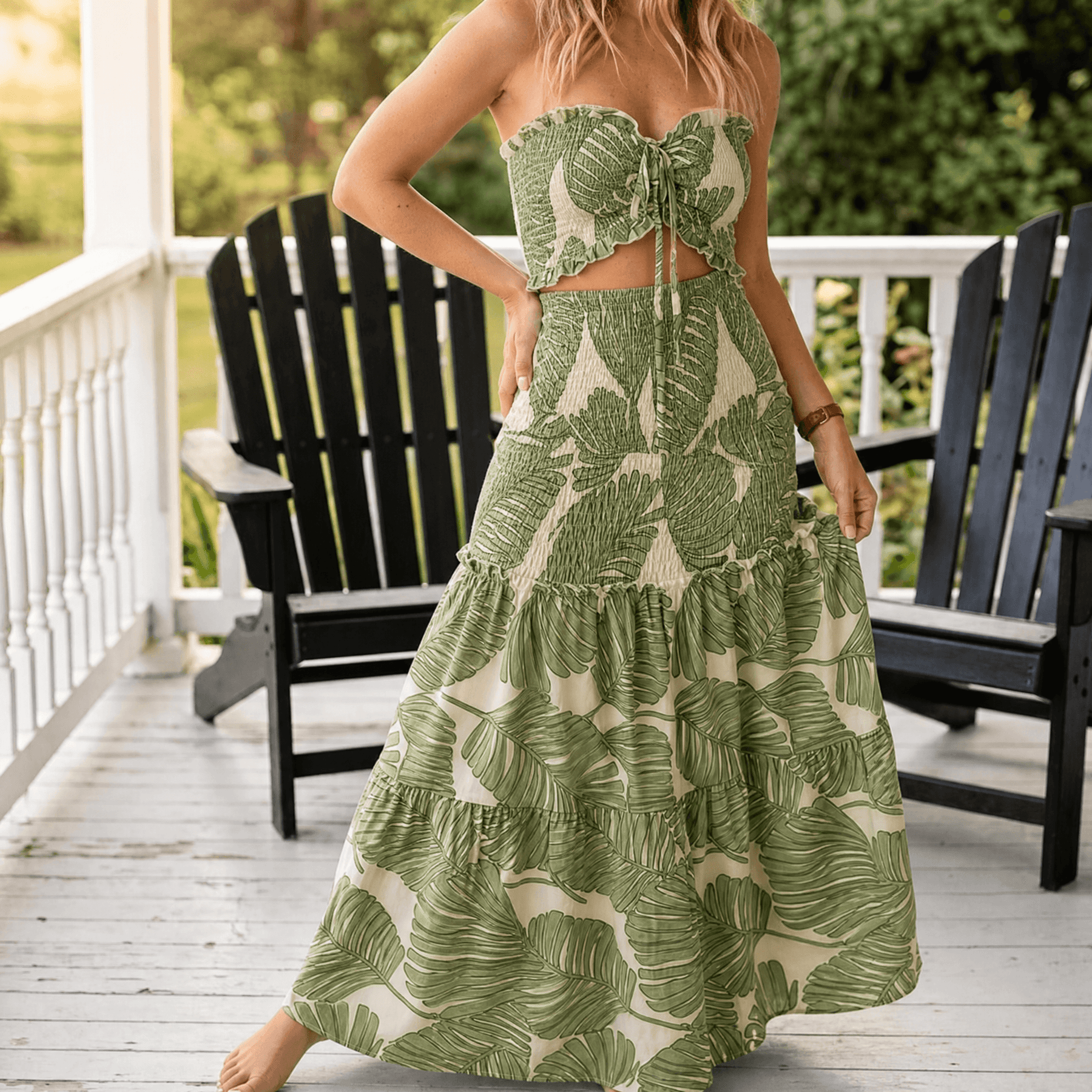 Liriosa – Women's Palm-Print Strapless Maxi Dress