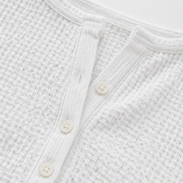 Loravia – Waffle Knit-look Henley Top with Button Placket, 3/4 Sleeve