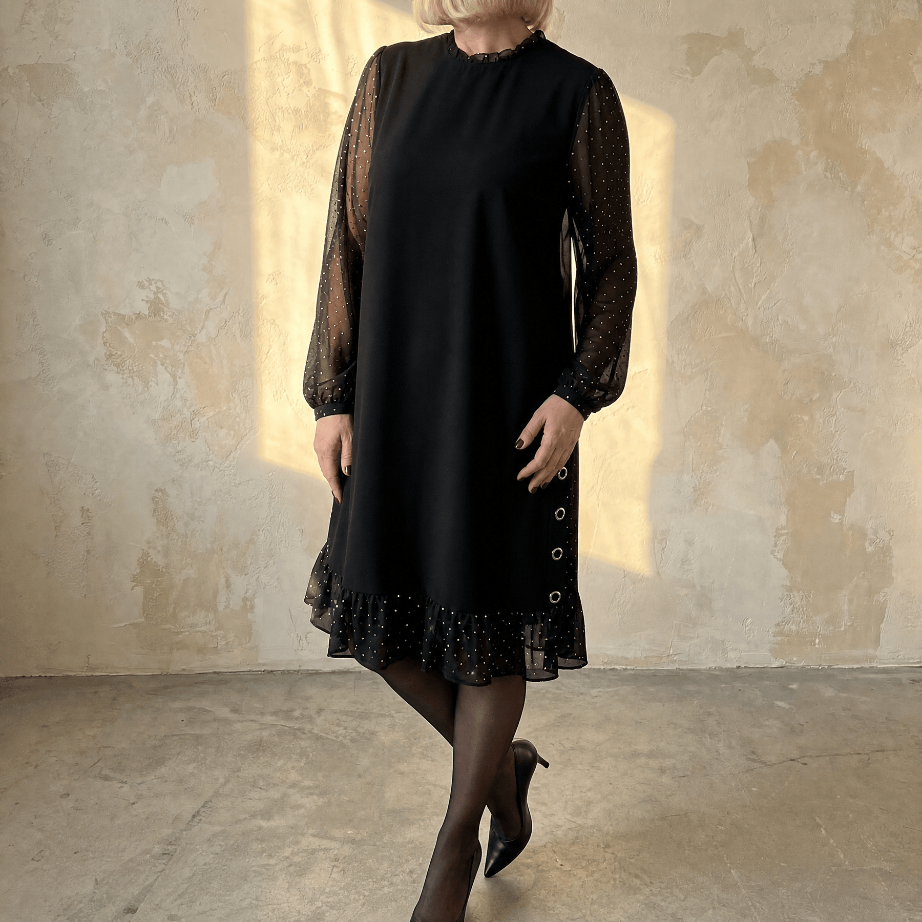 Lumiveil – Rhinestone Mesh Sleeve Dress with Ruffle Hem
