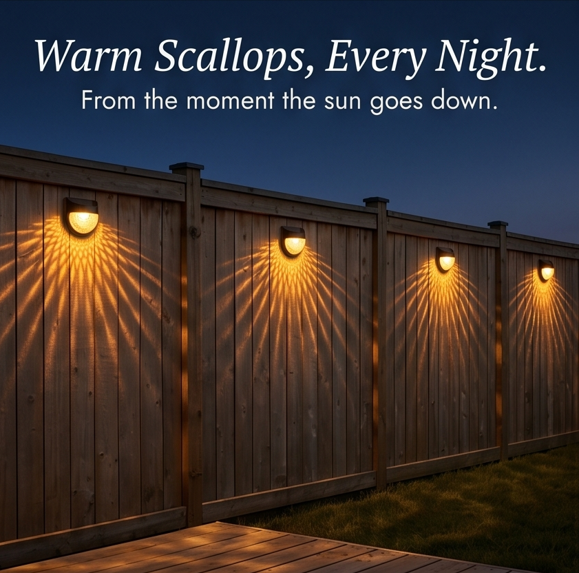 Lumora – Decorative Solar Fence Lights with Warm Scallop Glow (6-Pack)