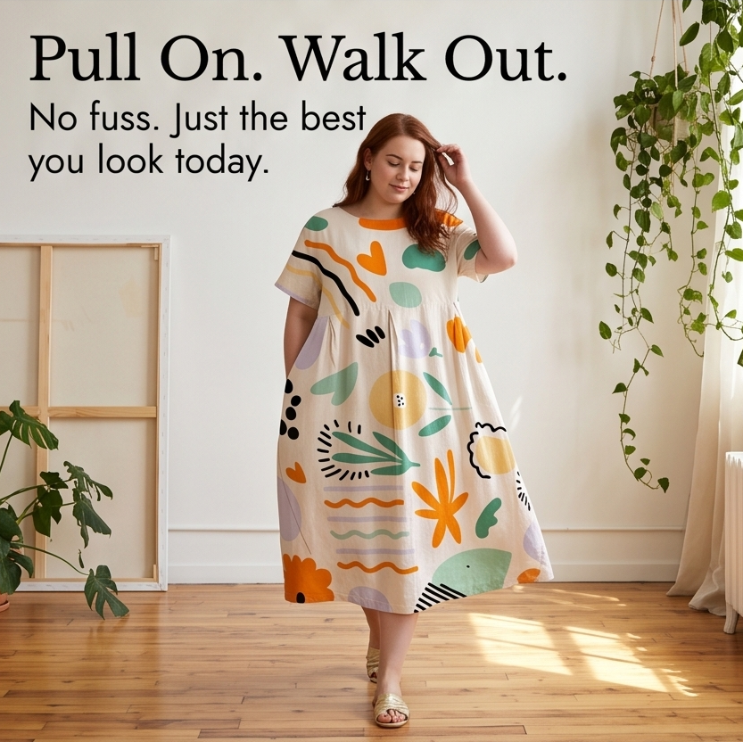 Luna – Women's Artsy Print Plus-Size Midi Dress