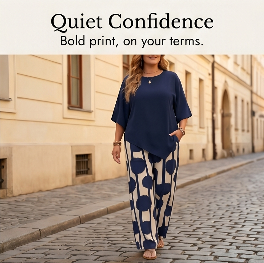 Luna – Women's Asymmetric Drape 2-Piece Set with Wide-Leg Print Pants