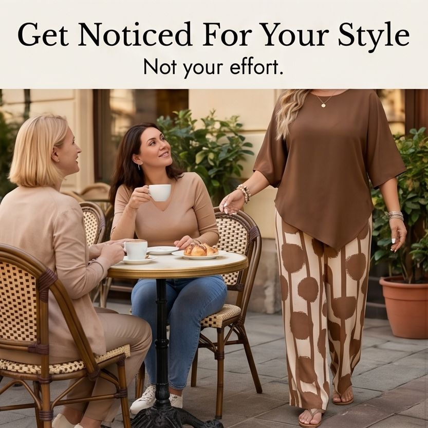 Luna – Women's Asymmetric Drape 2-Piece Set with Wide-Leg Print Pants