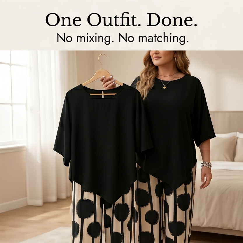 Luna – Women's Asymmetric Drape 2-Piece Set with Wide-Leg Print Pants