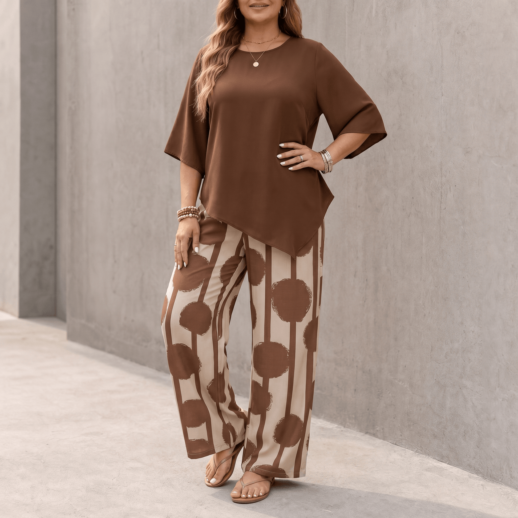 Luna – Women's Asymmetric Drape 2-Piece Set with Wide-Leg Print Pants