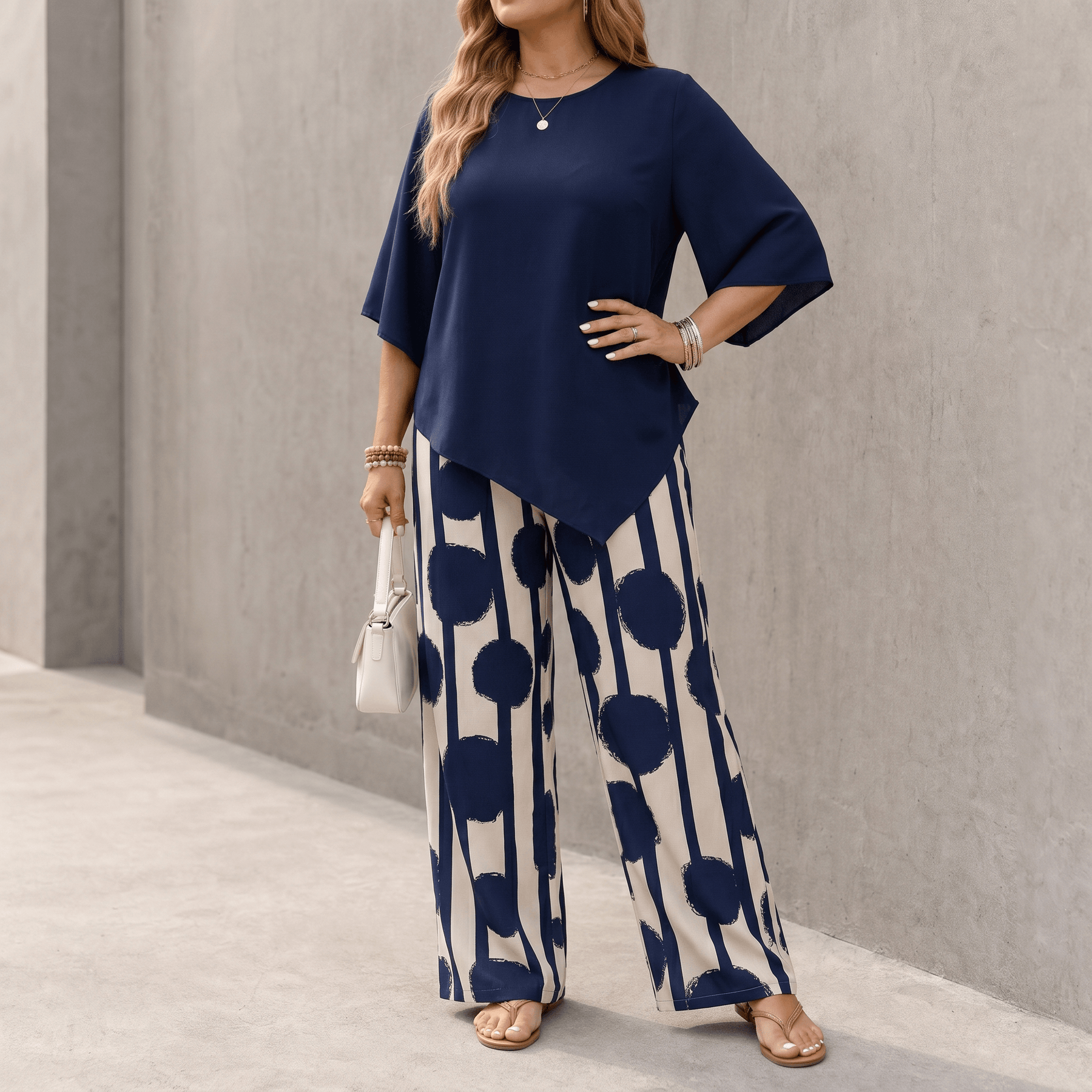 Luna – Women's Asymmetric Drape 2-Piece Set with Wide-Leg Print Pants