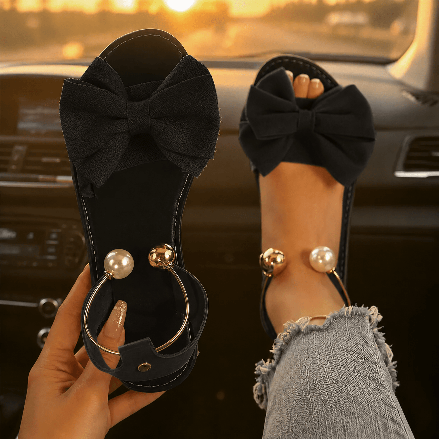 Lunabow – Bow Flat Sandals with Pearl Ankle Cuff