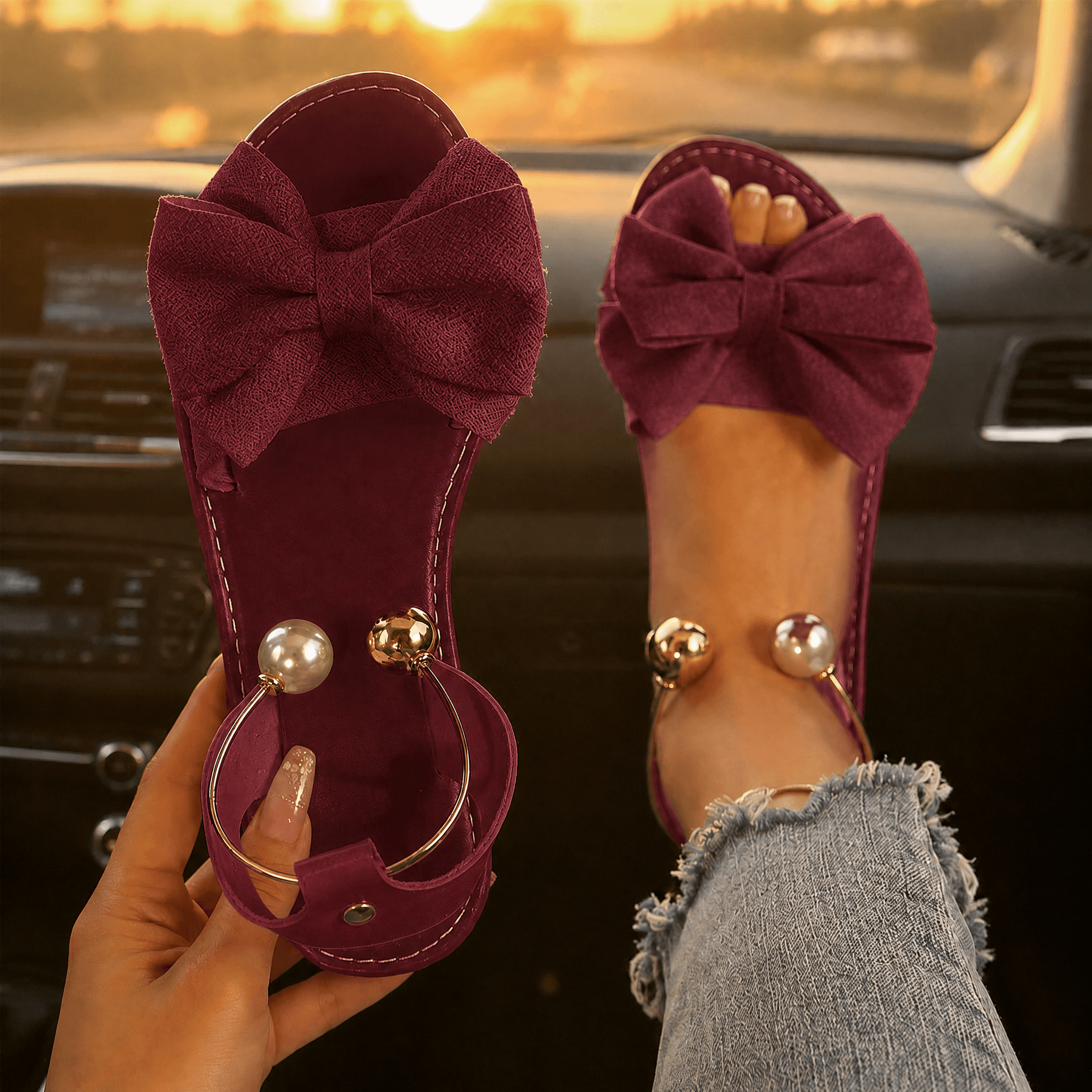 Lunabow – Bow Flat Sandals with Pearl Ankle Cuff