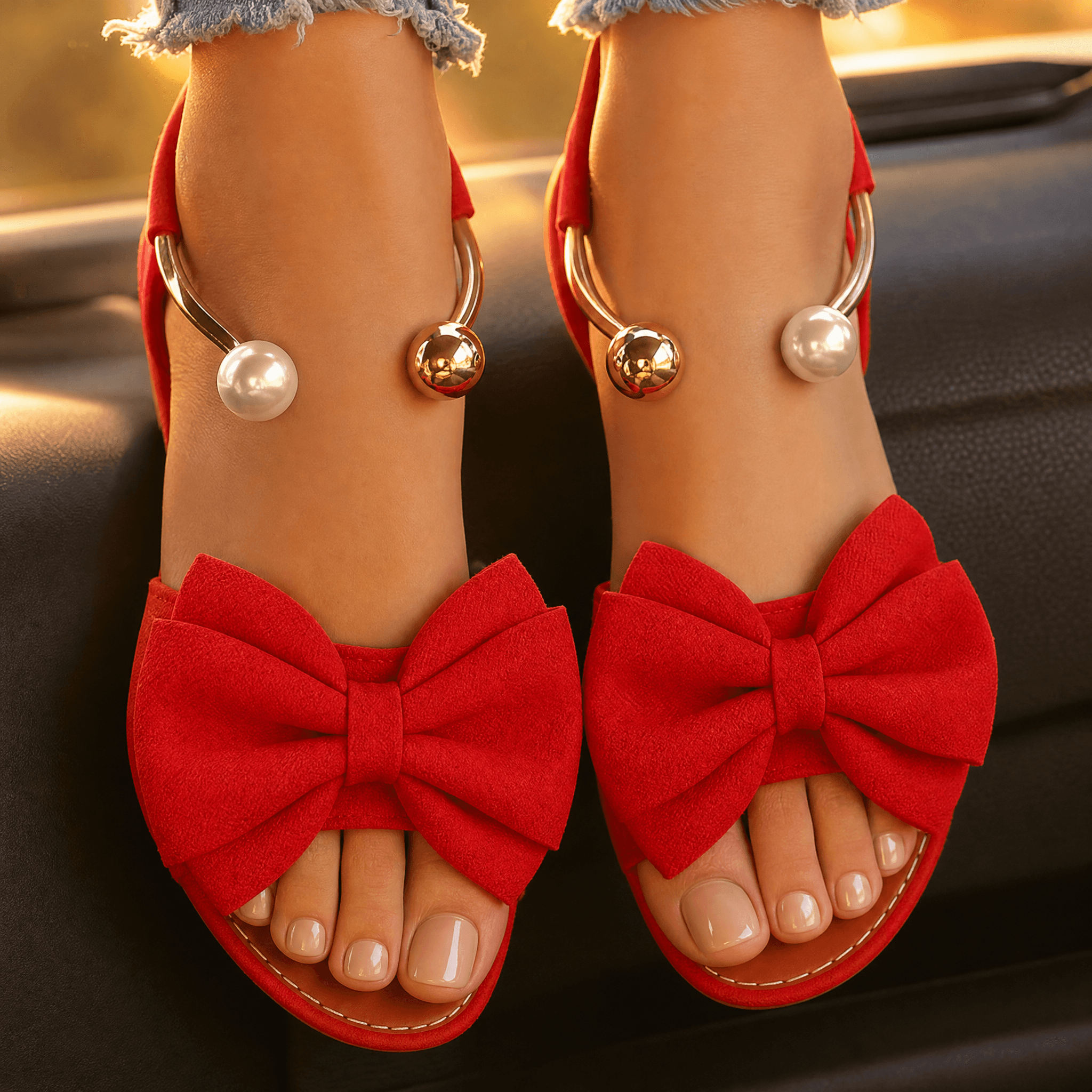 Lunabow – Bow Flat Sandals with Pearl Ankle Cuff