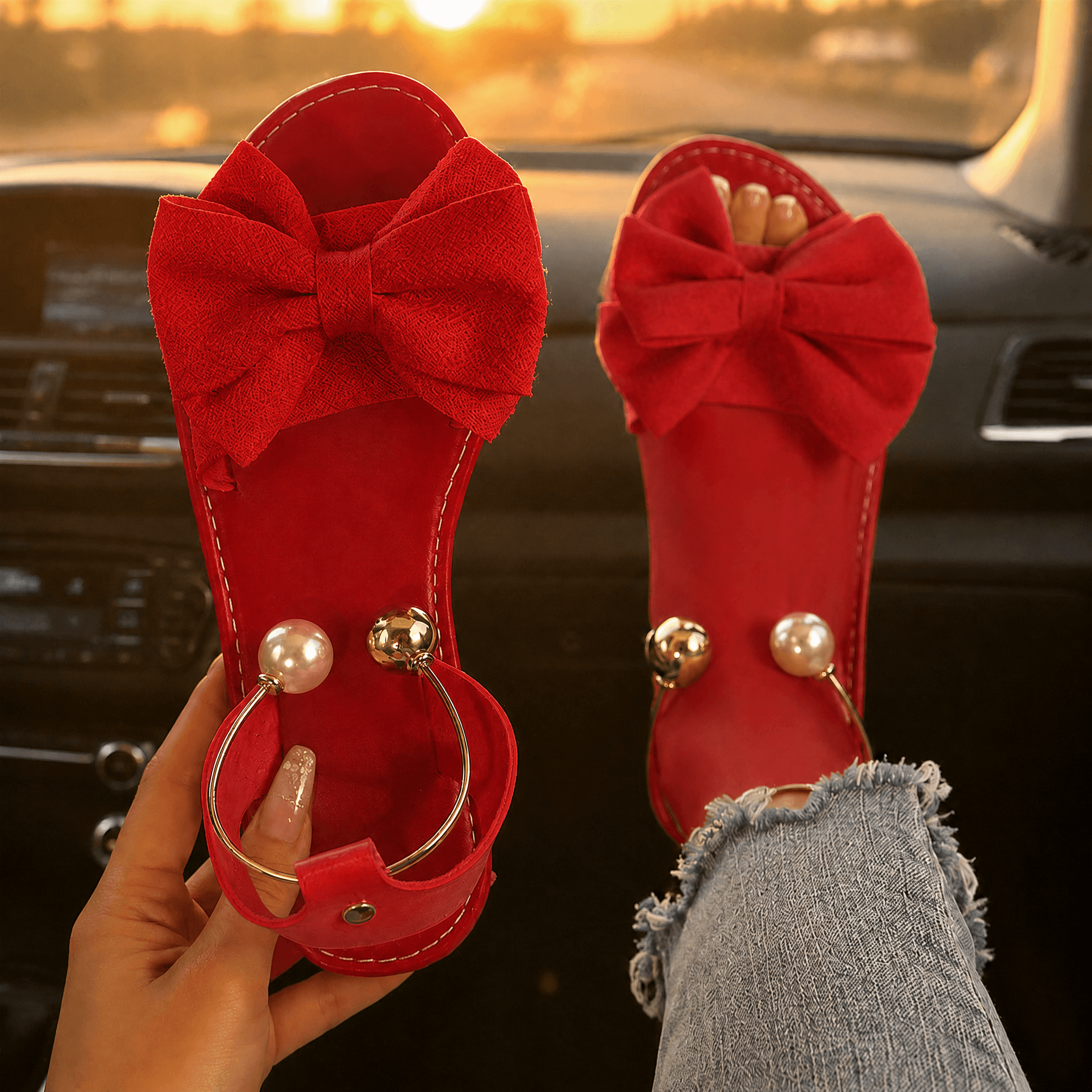 Lunabow – Bow Flat Sandals with Pearl Ankle Cuff