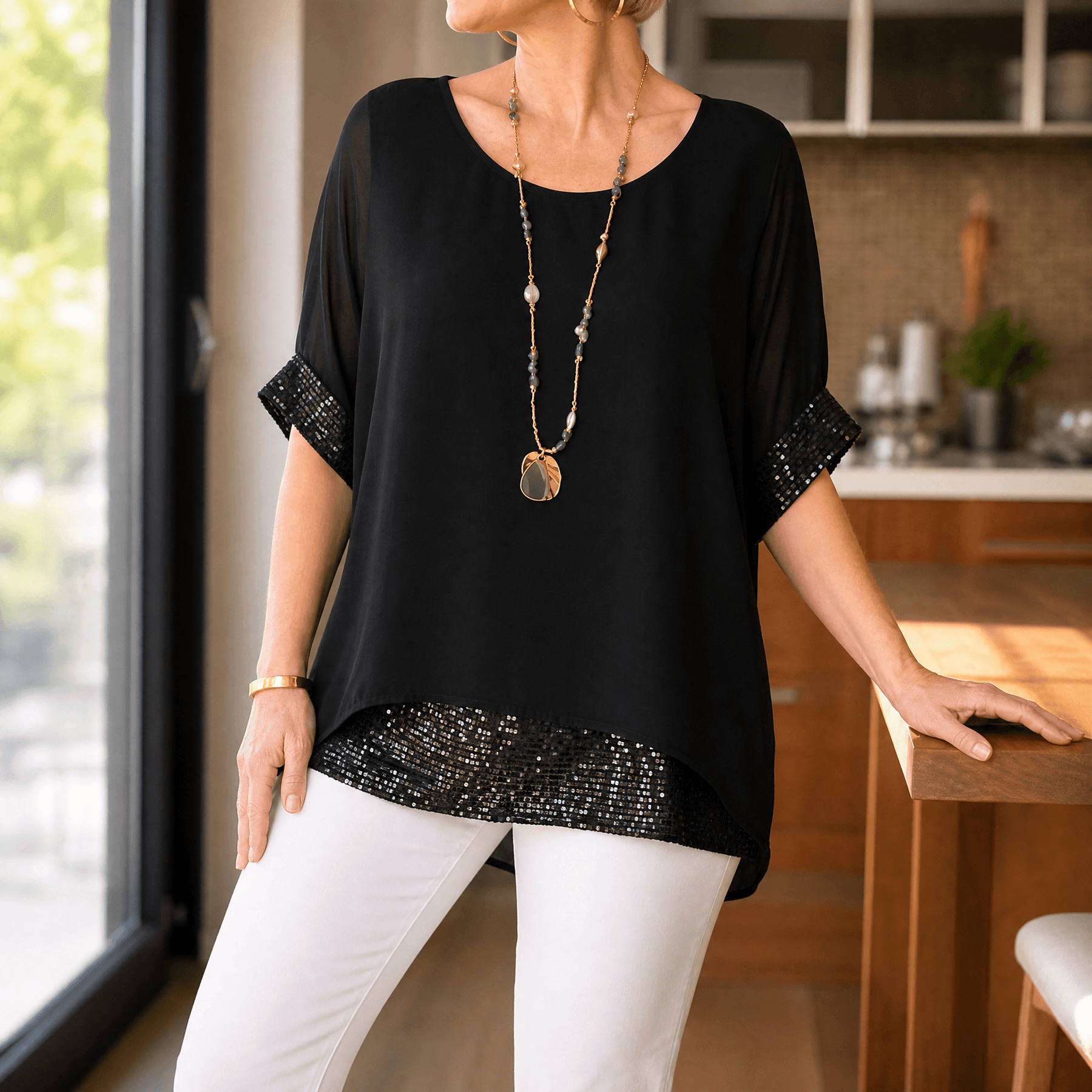 Lunara – Women's Sequin Trim Layered Chiffon Top