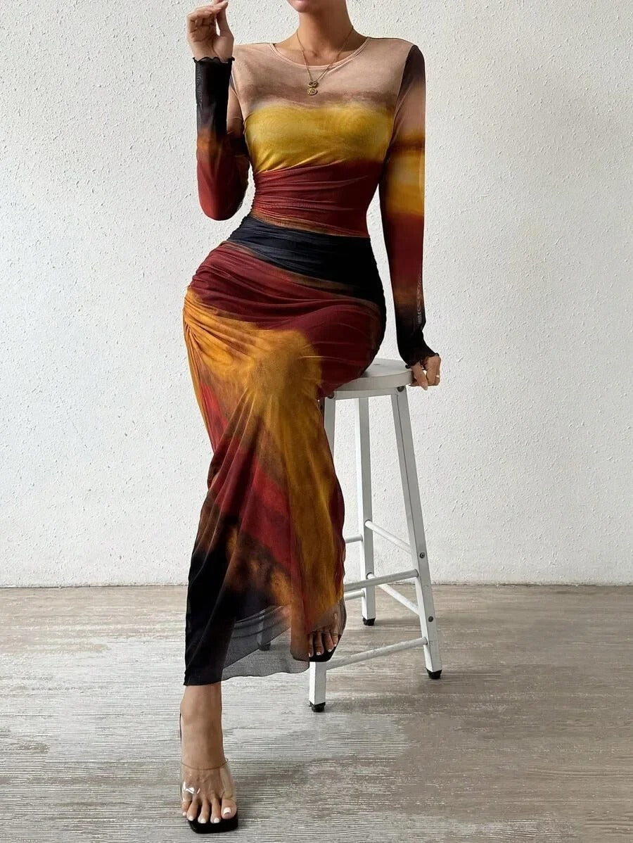 Serene - Printed Tight-Fitting Long Sleeves Dress