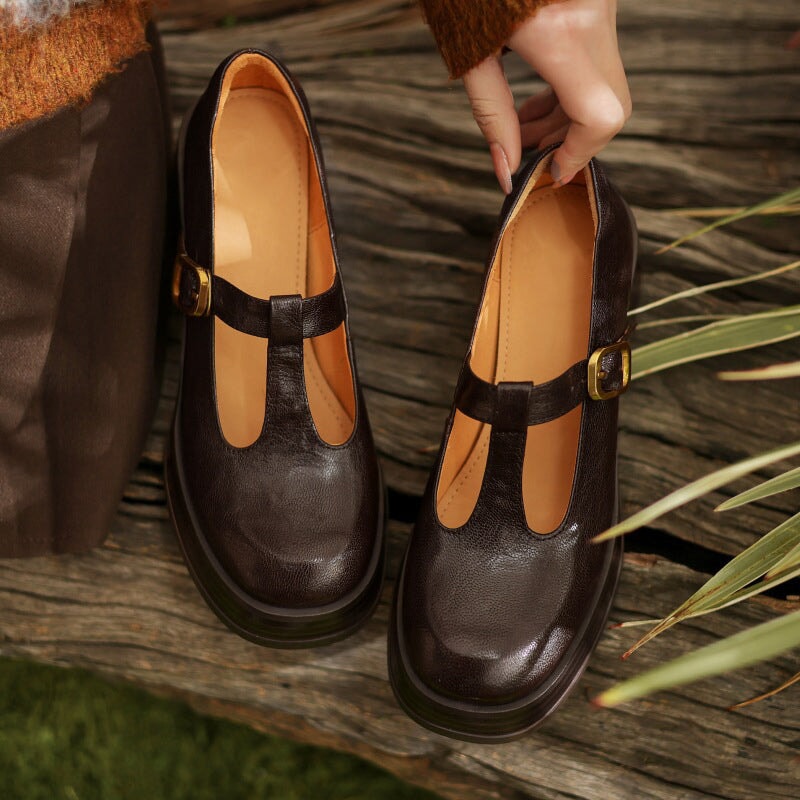 Giselle - Cowhide Round Toe Mary Jane Flats