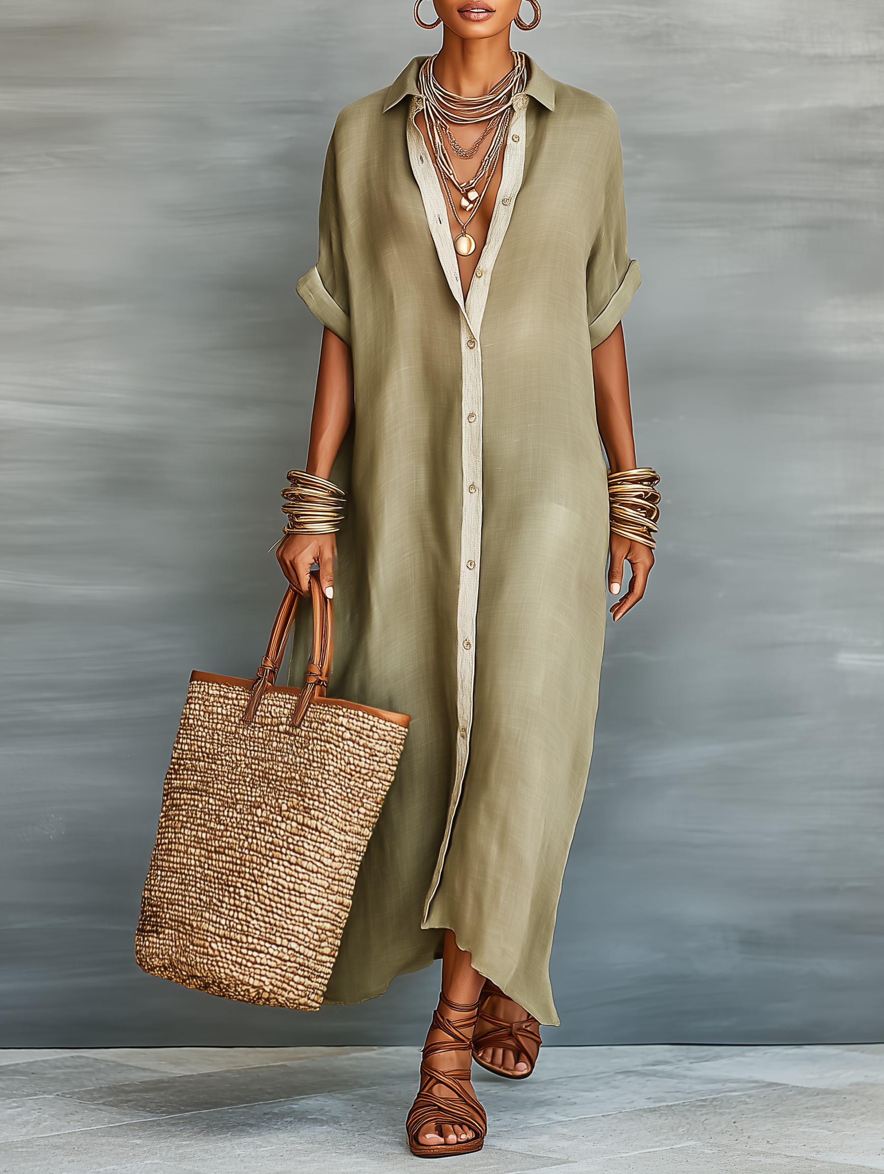 Women's Minimalist Linen Maxi Dress with Short Sleeves