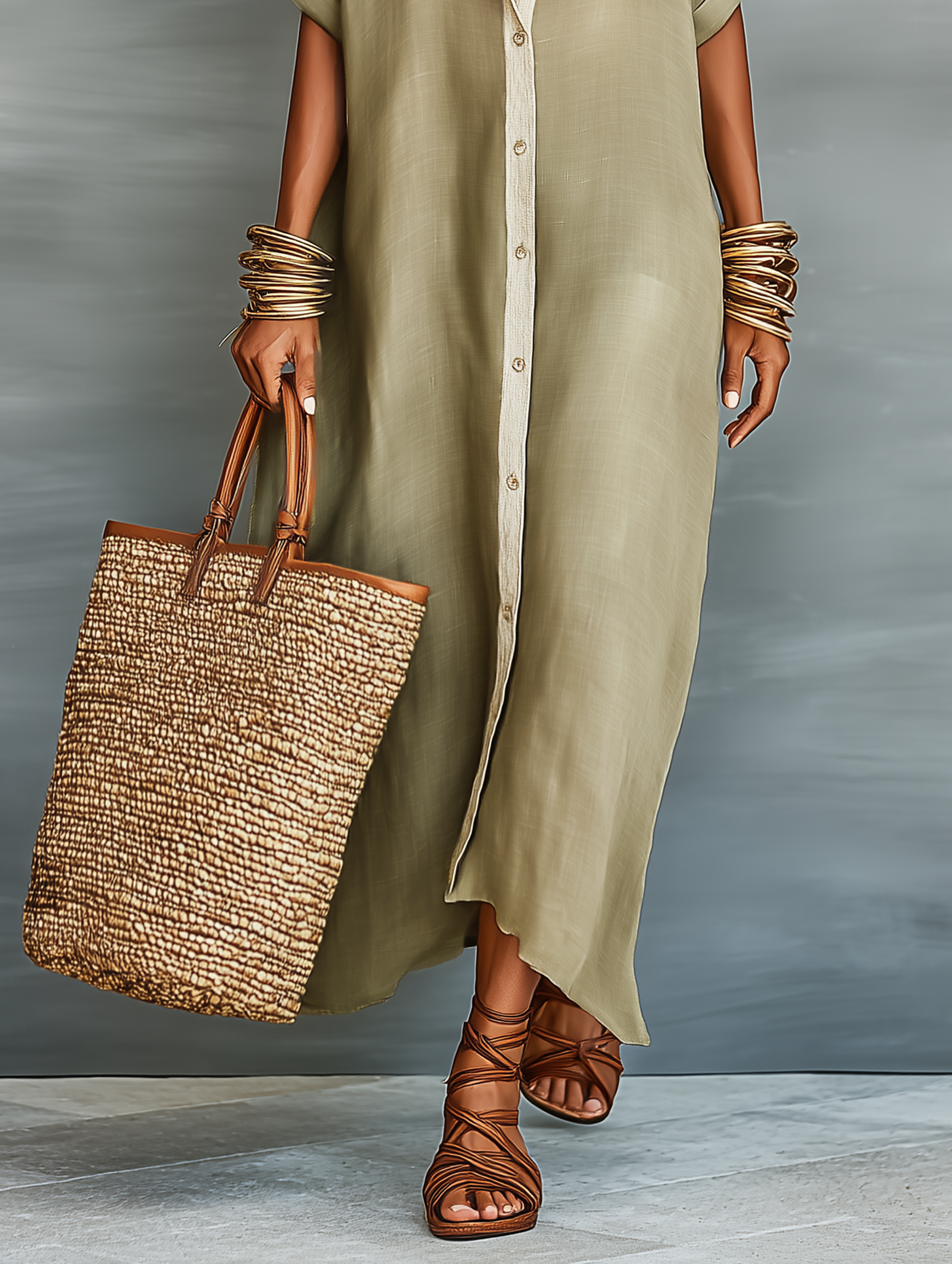 Women's Minimalist Linen Maxi Dress with Short Sleeves