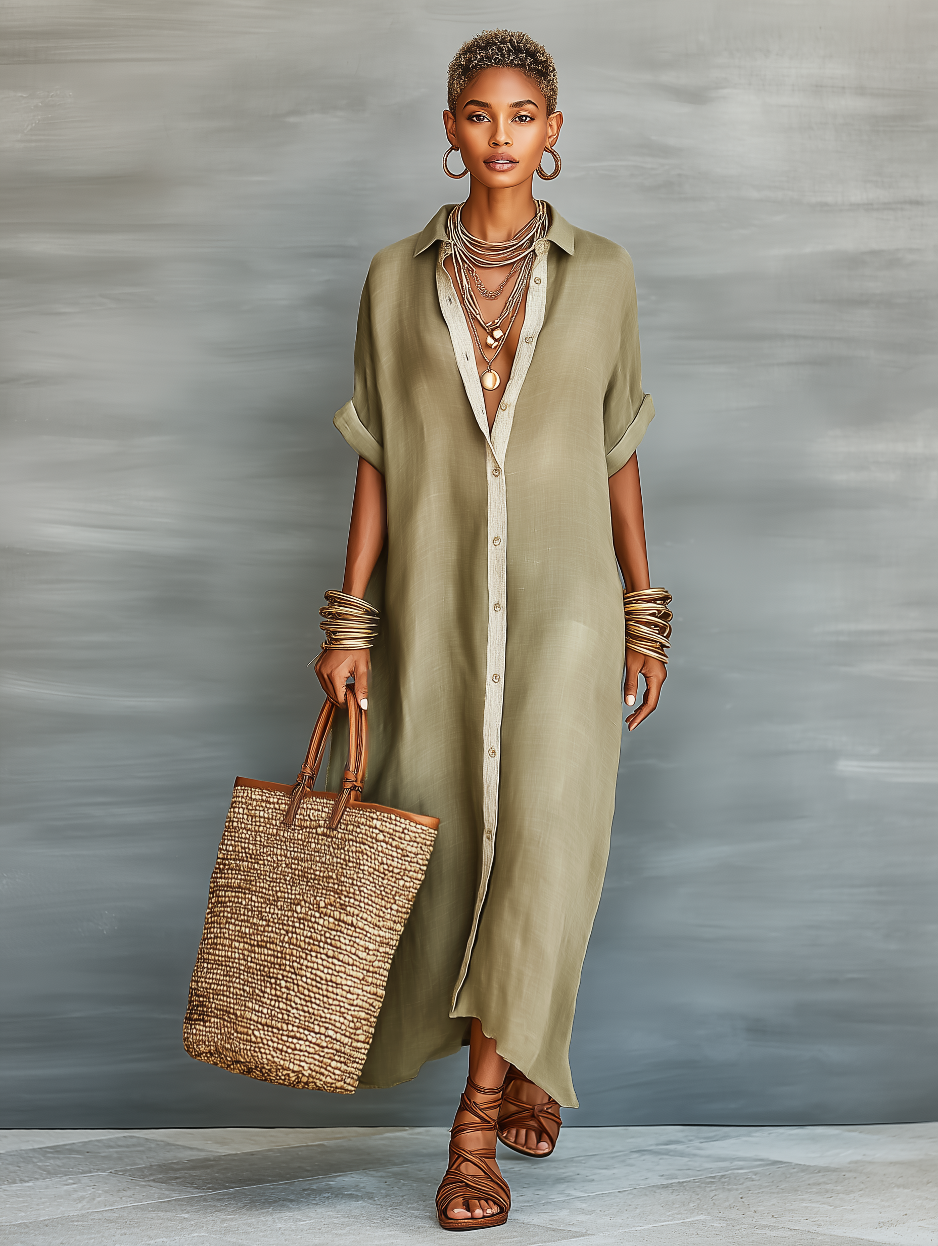 Women's Minimalist Linen Maxi Dress with Short Sleeves