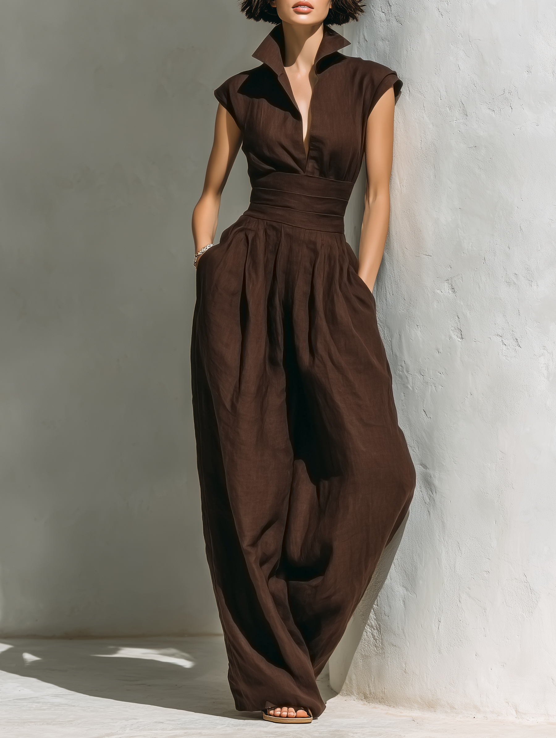Women's Minimalist Linen Blend Jumpsuit With Cap Sleeves And Wide Legs MDZ0863A5Y