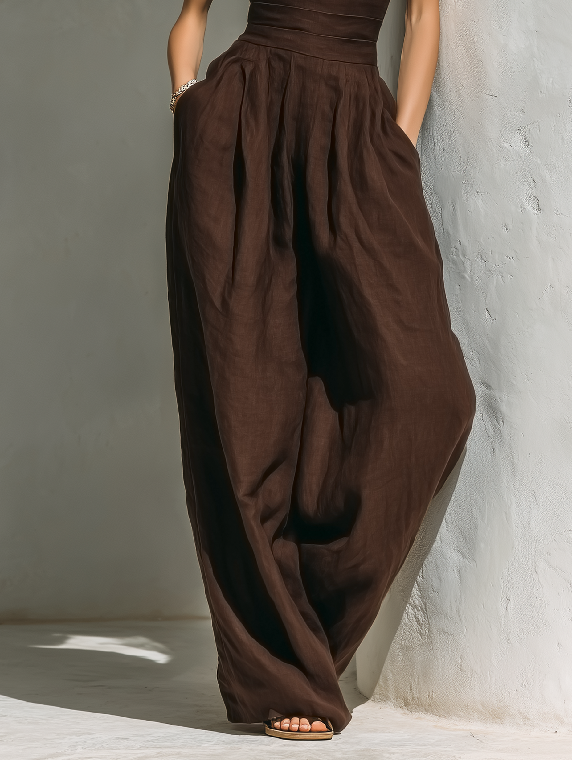 Women's Minimalist Linen Blend Jumpsuit With Cap Sleeves And Wide Legs MDZ0863A5Y