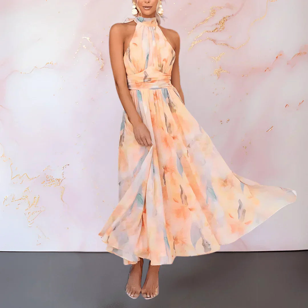 ESTHER | WATERCOLOR PRINT DRESS WITH HALTER NECK