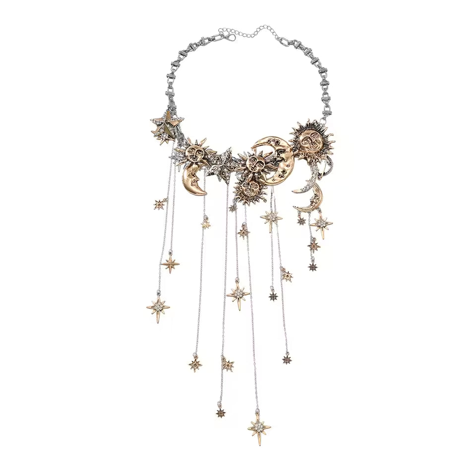 Celestra - Cascading Sun Moon & Star Fringe Necklace