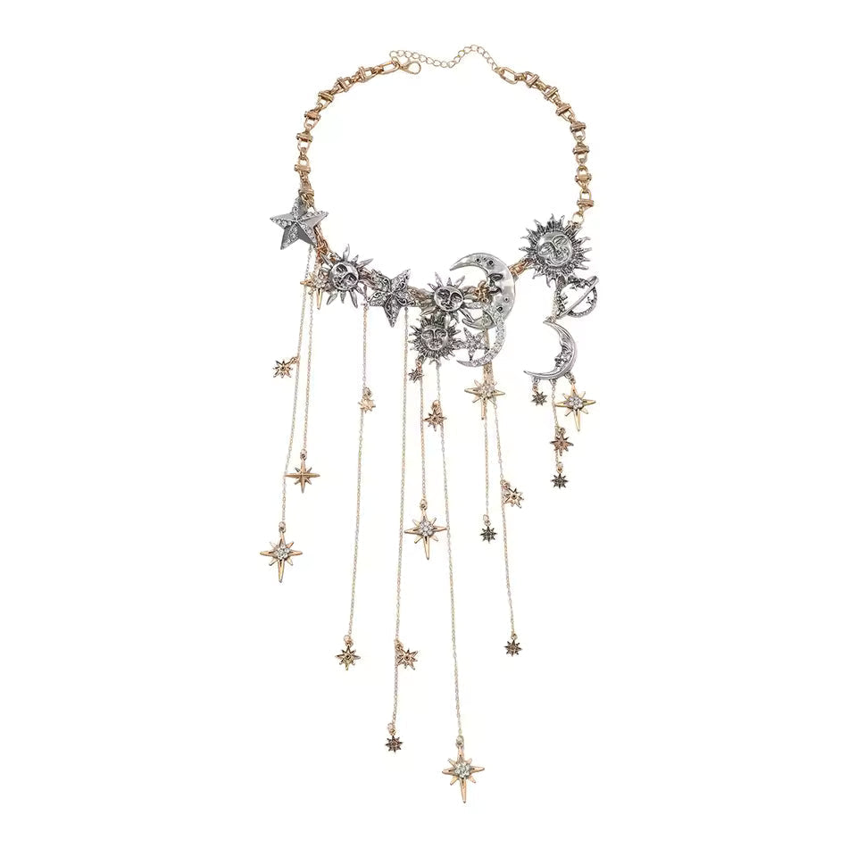 Celestra - Cascading Sun Moon & Star Fringe Necklace