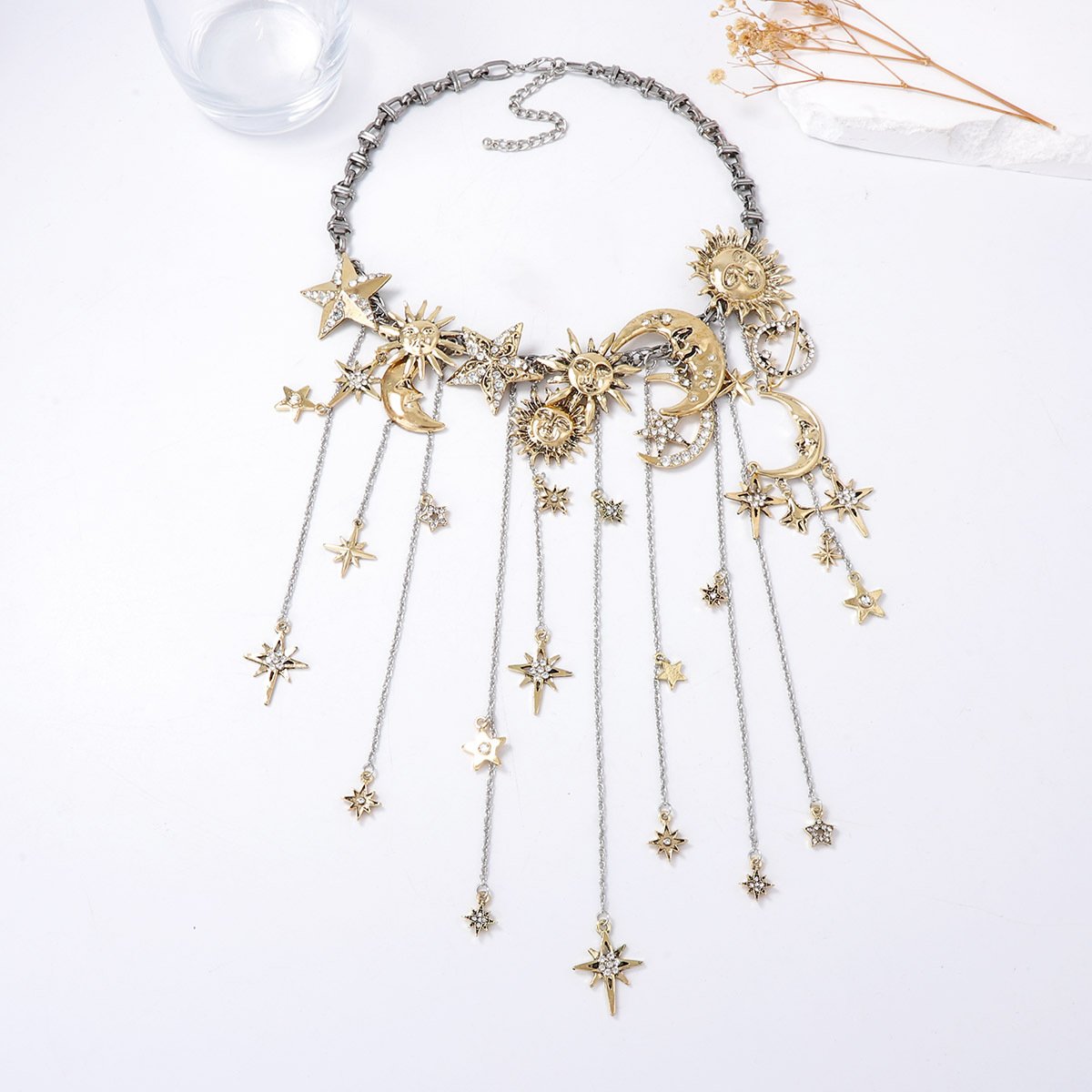 Celestra - Cascading Sun Moon & Star Fringe Necklace