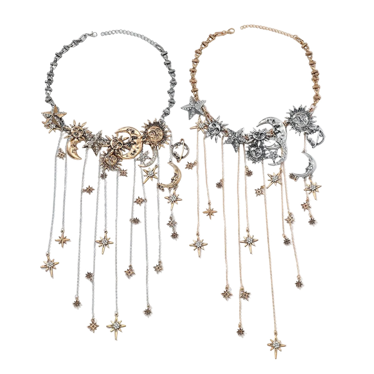 Celestra - Cascading Sun Moon & Star Fringe Necklace
