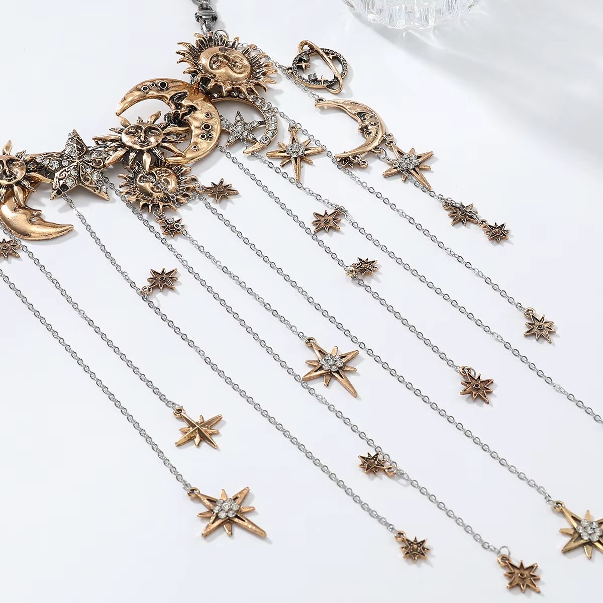 Celestra - Cascading Sun Moon & Star Fringe Necklace