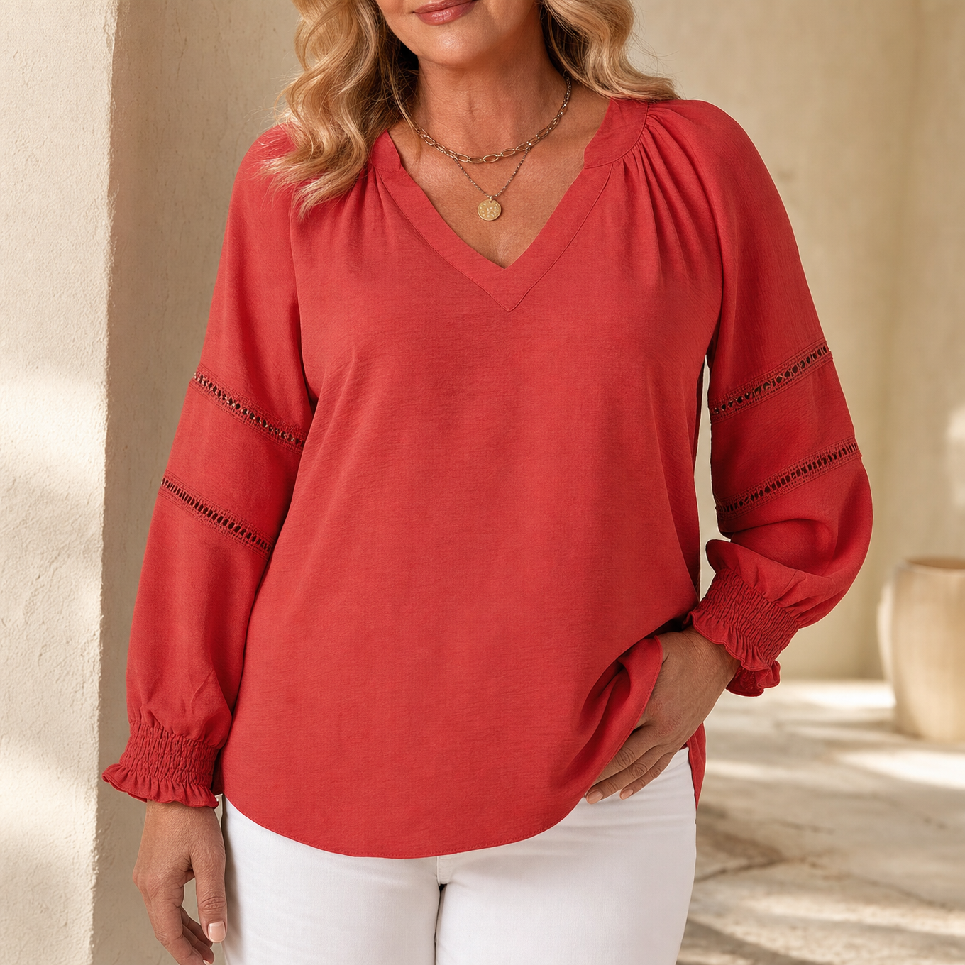 Belvora – Lantern Sleeve V-Neck Blouse