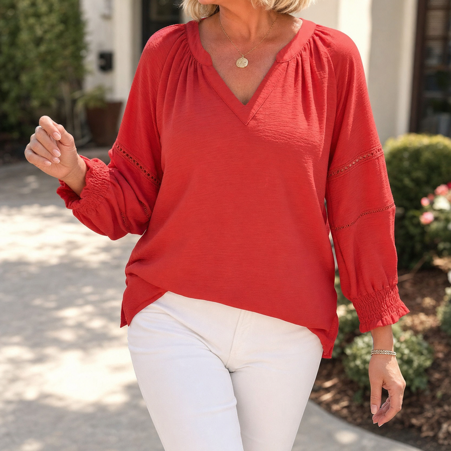 Belvora – Lantern Sleeve V-Neck Blouse