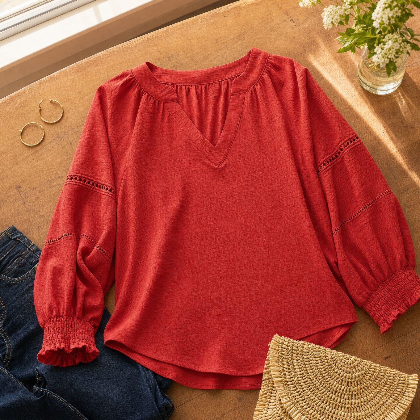 Belvora – Lantern Sleeve V-Neck Blouse
