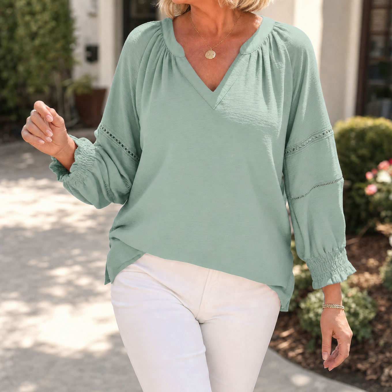 Belvora – Lantern Sleeve V-Neck Blouse