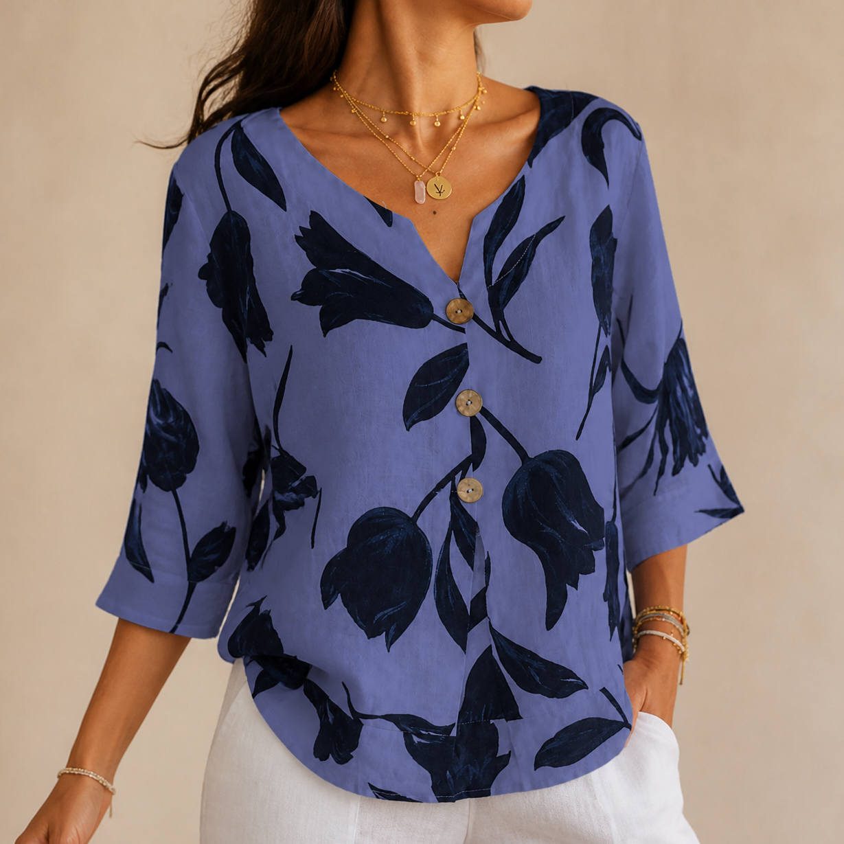 Florelle – Floral Linen V-Neck Popover Blouse with 3/4 Sleeves