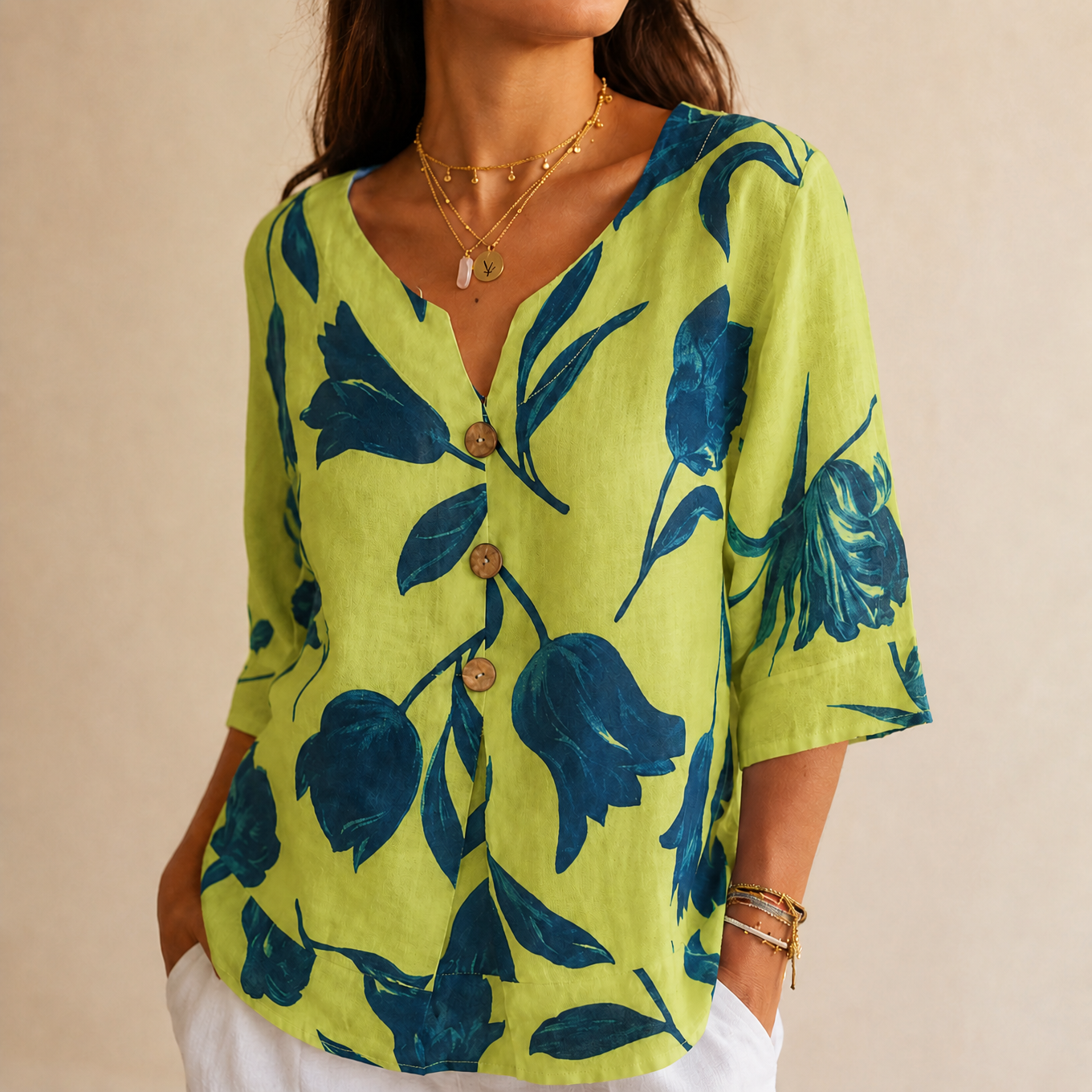 Florelle – Floral Linen V-Neck Popover Blouse with 3/4 Sleeves