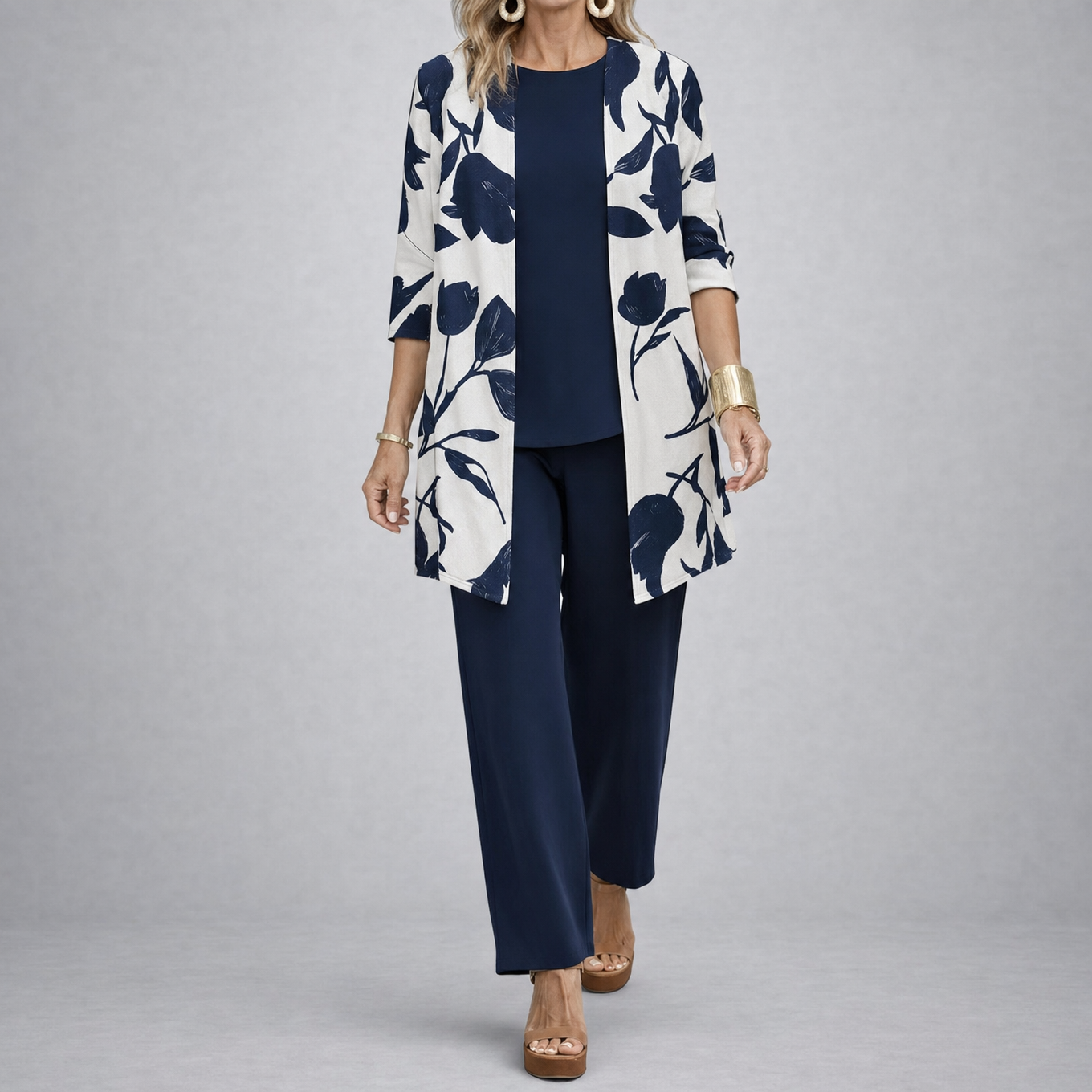 Brenda – Women's 3 Piece Set with Floral Cardigan, Scoop Top and Wide Leg Trousers