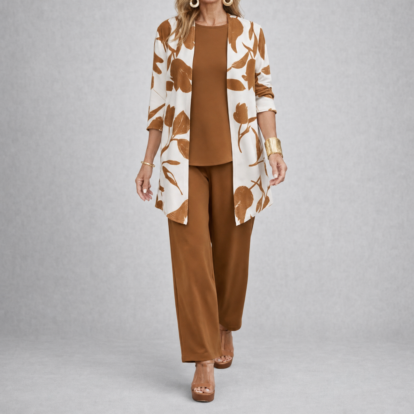Brenda – Women's 3 Piece Set with Floral Cardigan, Scoop Top and Wide Leg Trousers