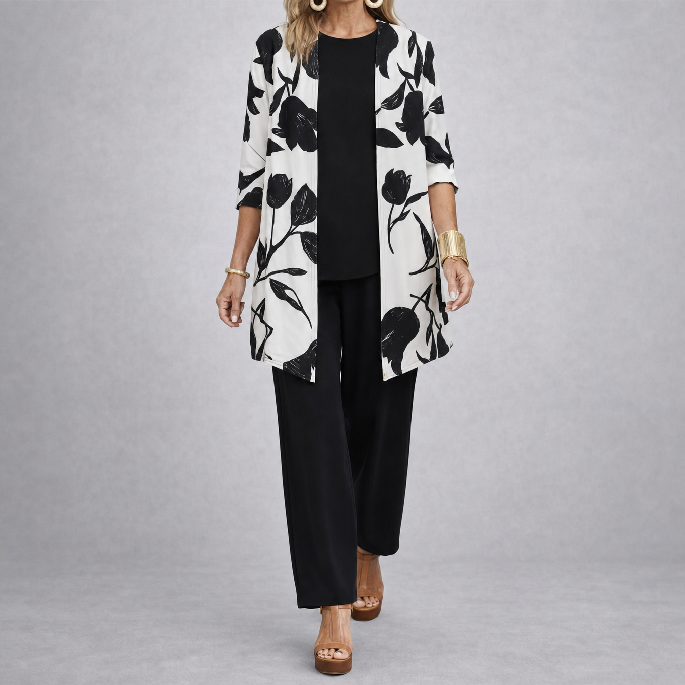 Brenda – Women's 3 Piece Set with Floral Cardigan, Scoop Top and Wide Leg Trousers