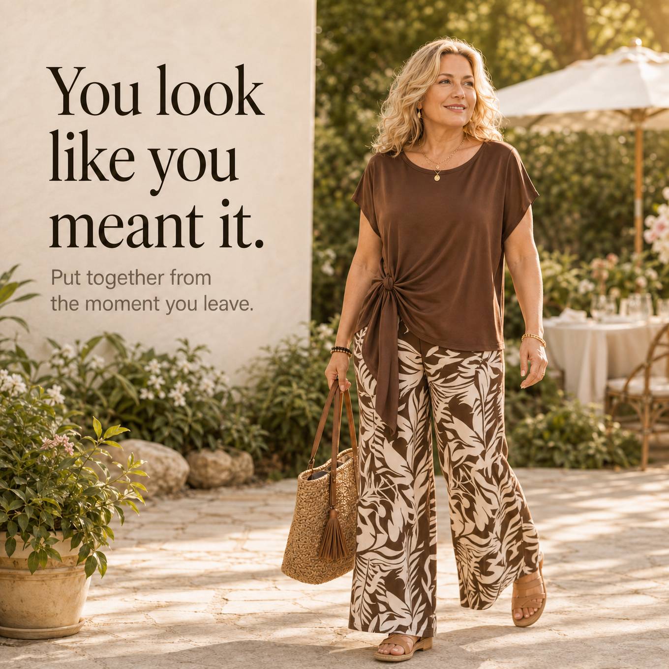 Lunaria – Women's Side-Tie Top & Wide-Leg Leaf-Print Pants Set