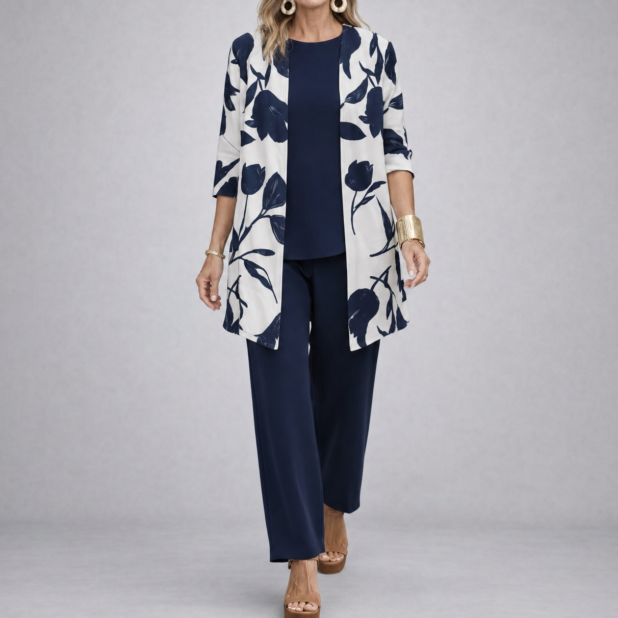 Evania – Women's Navy Botanical 3 Piece Outfit Set with Longline Cardigan