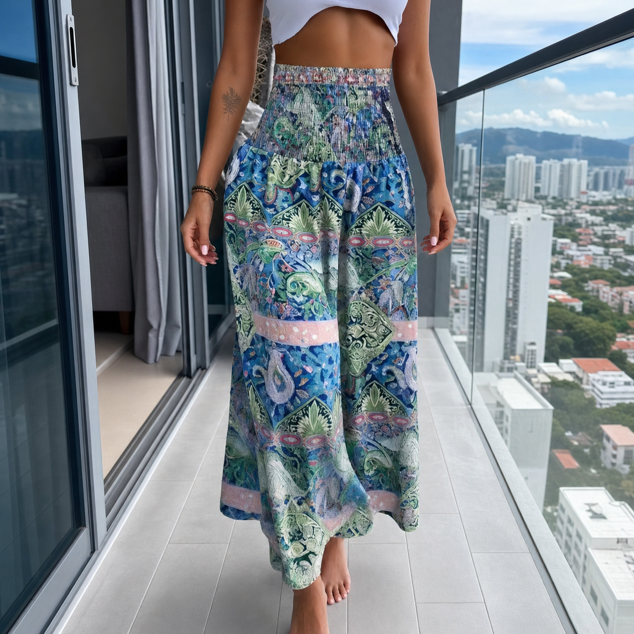 Floressa – Smocked High-Waist Floral Maxi Skirt with Flowy A-Line Sweep