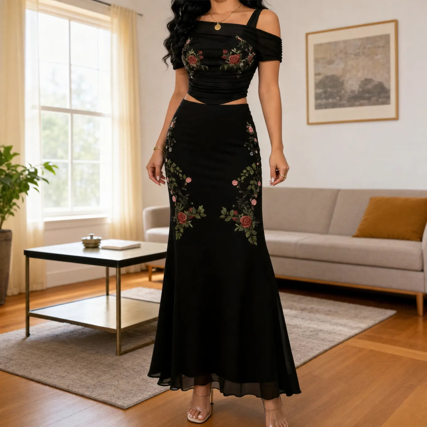 Florenza – Embroidered Off Shoulder Fishtail Skirt Set for Women