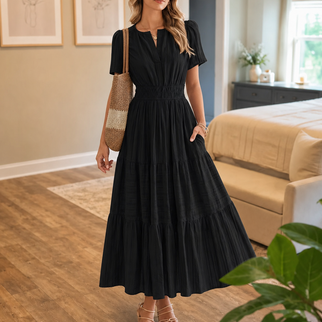 Florelle – Smocked Waist Tiered Boho Maxi Dress with Puff Sleeves