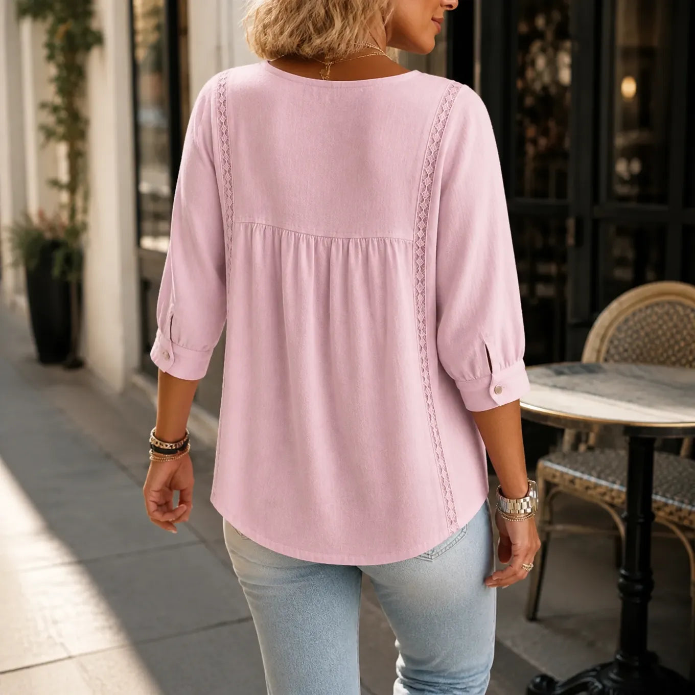 Liorelle – Lace Trim V Neck Babydoll Blouse for Women