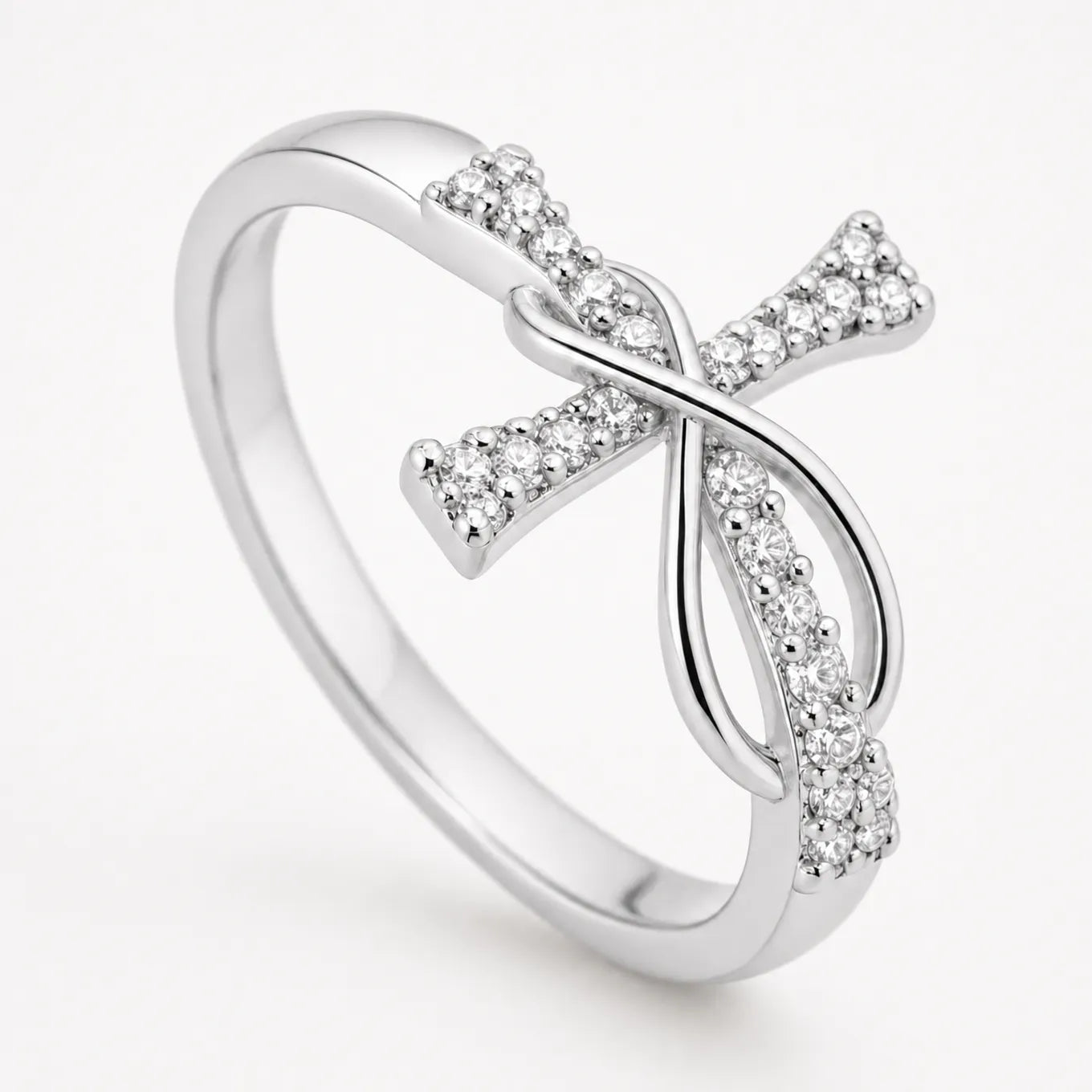 Graceloop – Mobius Cross Ring with Pavé Stones, Gold or Silver